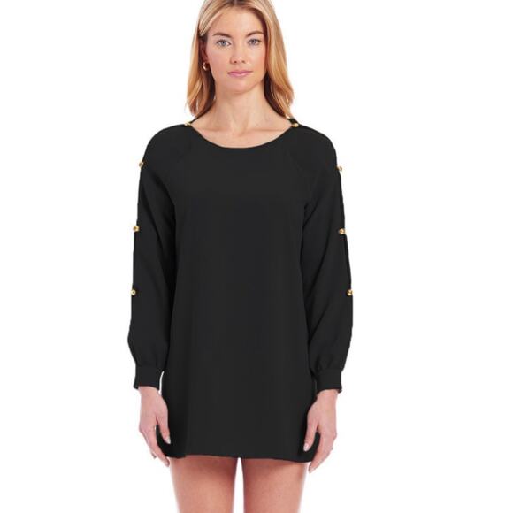 Amanda Uprichard NWT Genesee Black Mini Dress Size S Gold Buttons Slit Sleeve - Picture 1 of 9